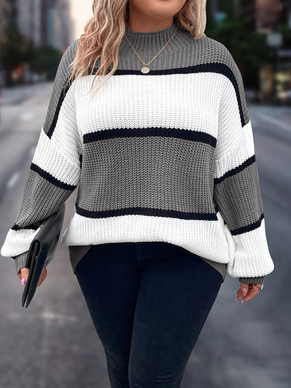 Übergröße, Neuer gestreifter Pullover für Damen Herbst/Winter, Farbblock-Lässig-Stil, Langarmshirt mit Rundhalsausschnitt