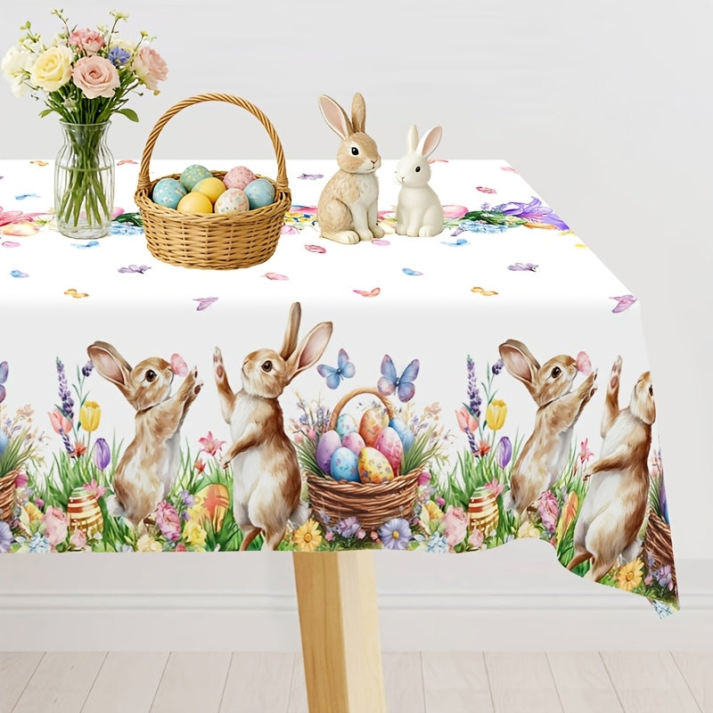 1 Stück festliche Tischdecke mit verspielten Motiven von Hasen, Ostereiern und Tulpen, Maße 130 x 220 cm. Diese Einweg-Kunststoff-Tischdecke in rechteckiger Form ist perfekt für Osterfeiern, Picknicks und heimisches Essen.