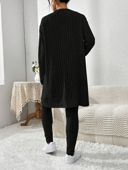 Übergröße, Damen Freizeit Strickjacke mit langen Ärmeln, Top und enge Hose Set, Übergröße Damen Herbst/Winter Dreiteiliges Hosen-Set