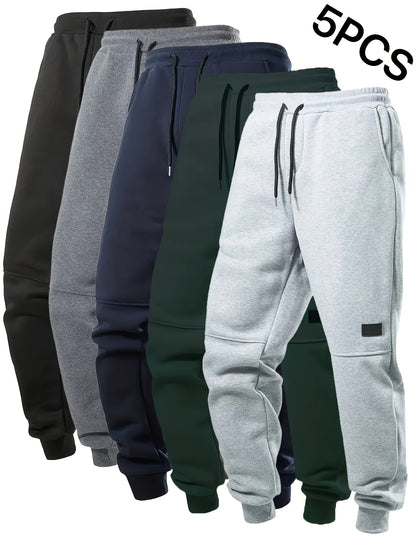 5er-Set Herren-Fleece-Jogginghosen mit Kordelzug, einfarbig, warm