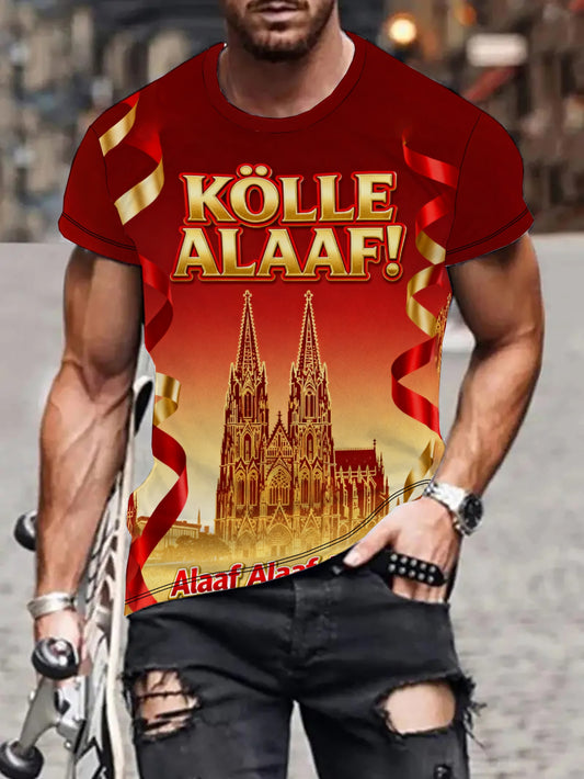Herren-T-Shirt mit 3D-Digitalgrafikdruck-Design für den Kölner Karneval, mit rundem Rundhalsausschnitt und kurzen Ärmeln