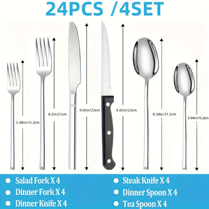 48-teiliges/24-teiliges Besteckset aus Edelstahl, spiegelpolierte Bestecke, Elegantes Tischdesign, Langlebiges Edelstahlbesteck von hoher Qualität