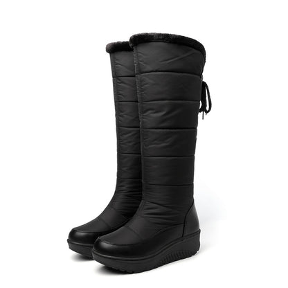 Wasserdichte rutschfeste Outdoor-Kniehohe Stiefel, warme Plüsch-Innensohle, flache Schnürung hinten, Sportsneaker, Damenschuhe