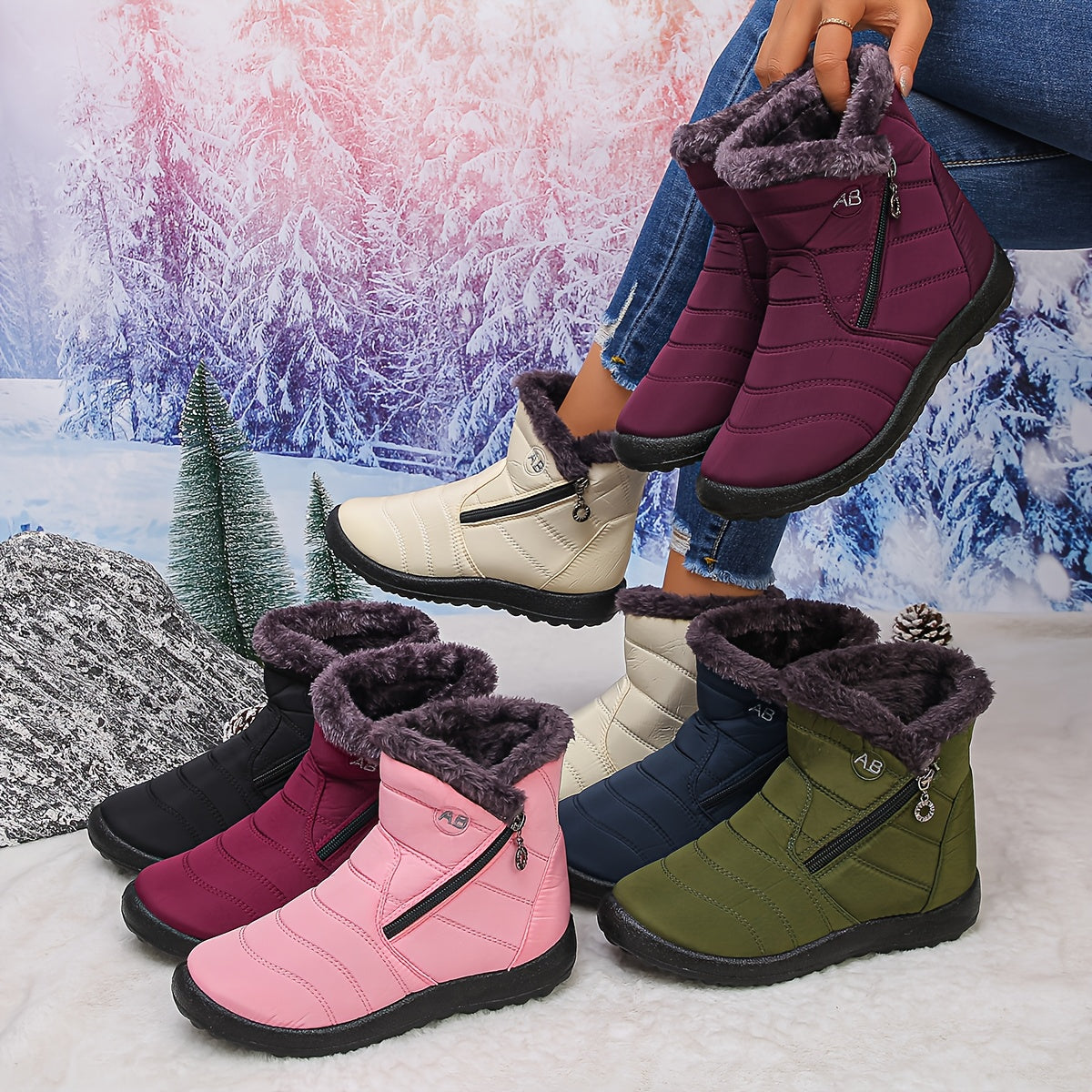 Damen Stiefeletten mit flauschigem Kragen, stilvolle Winterschuhe, bequemes Slip-On-Design, trendige kurze Stiefel, perfekt für kaltes Wetter