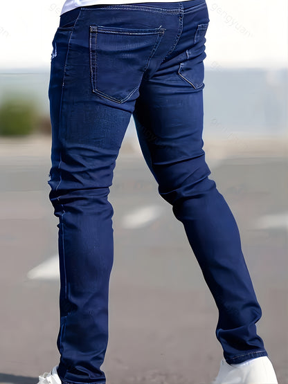 3er-Set Herren-Jeans mit elastischem Bund, Slim Fit, mittlere Dehnbarkeit, einfarbig, normale Länge, gewaschene Details, für alle Jahreszeiten geeignet