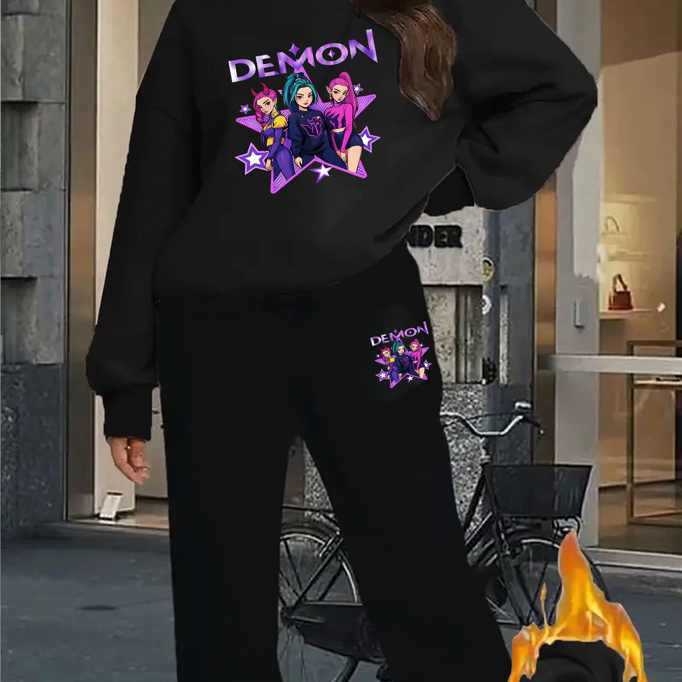 Sweatshirt/Sweatpants Set, Futter aus Fleece und kreativen „HUNTERS“-Charakterdrucken, Jogginganzug, mit Fleece gefüttert und verdickt warmes Sweatshirt