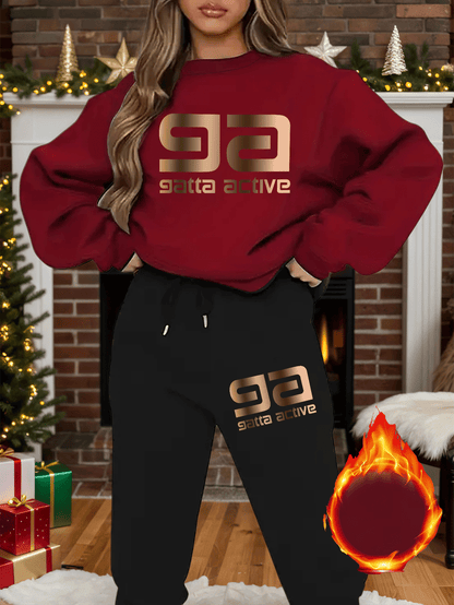 2-teiliges künstlerisches, elegantes Grafik-Slogan-gedrucktes Y2K-Stil neues Damen-Casual-Sport Set mit Rundhals-Pullover mit langen Ärmeln und Hose