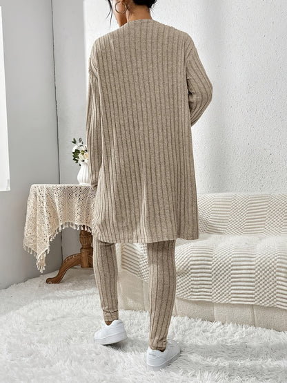 Übergröße, Damen Freizeit Strickjacke mit langen Ärmeln, Top und enge Hose Set, Übergröße Damen Herbst/Winter Dreiteiliges Hosen-Set