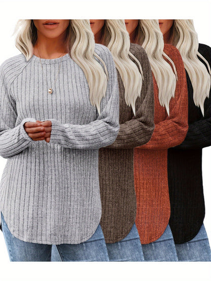Vierteiliges Set Damenmode Oberteil Herbst Winter Basic Locker Elegant Rundhals Langarm Pullover