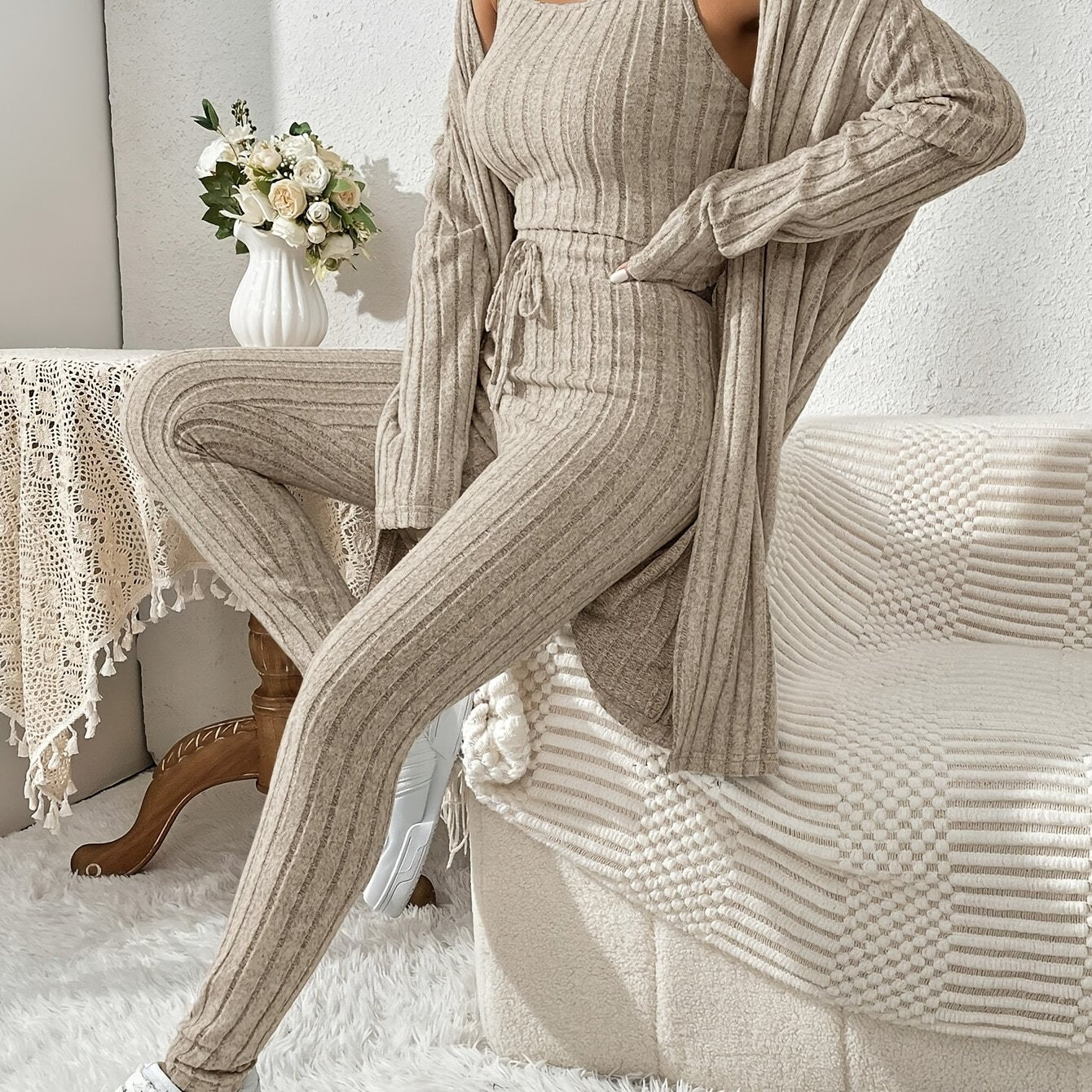 Übergröße, Damen Freizeit Strickjacke mit langen Ärmeln, Top und enge Hose Set, Übergröße Damen Herbst/Winter Dreiteiliges Hosen-Set