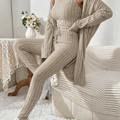 Übergröße, Damen Freizeit Strickjacke mit langen Ärmeln, Top und enge Hose Set, Übergröße Damen Herbst/Winter Dreiteiliges Hosen-Set