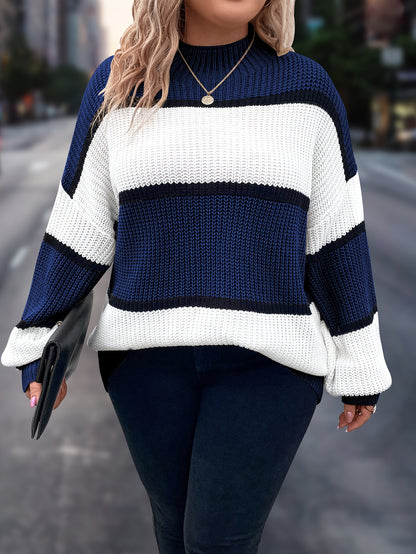 Übergröße, Neuer gestreifter Pullover für Damen Herbst/Winter, Farbblock-Lässig-Stil, Langarmshirt mit Rundhalsausschnitt