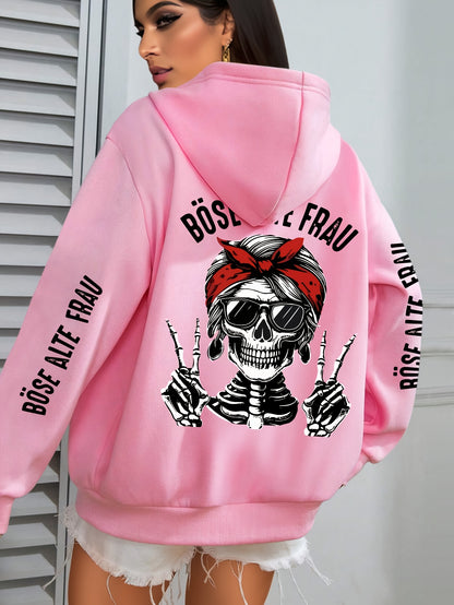 Große Größen  - Hoodie mit Totenkopf-Muster - Böse Alte Frau Druck