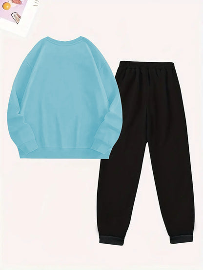 2 Teile SIX SEVEN Bedruckter Y2K-Stil Elegante Lässige Damen-Sportbekleidung | Fleece Pullover mit Rundhalsausschnitt und Langarm sowie Lange Hose Set