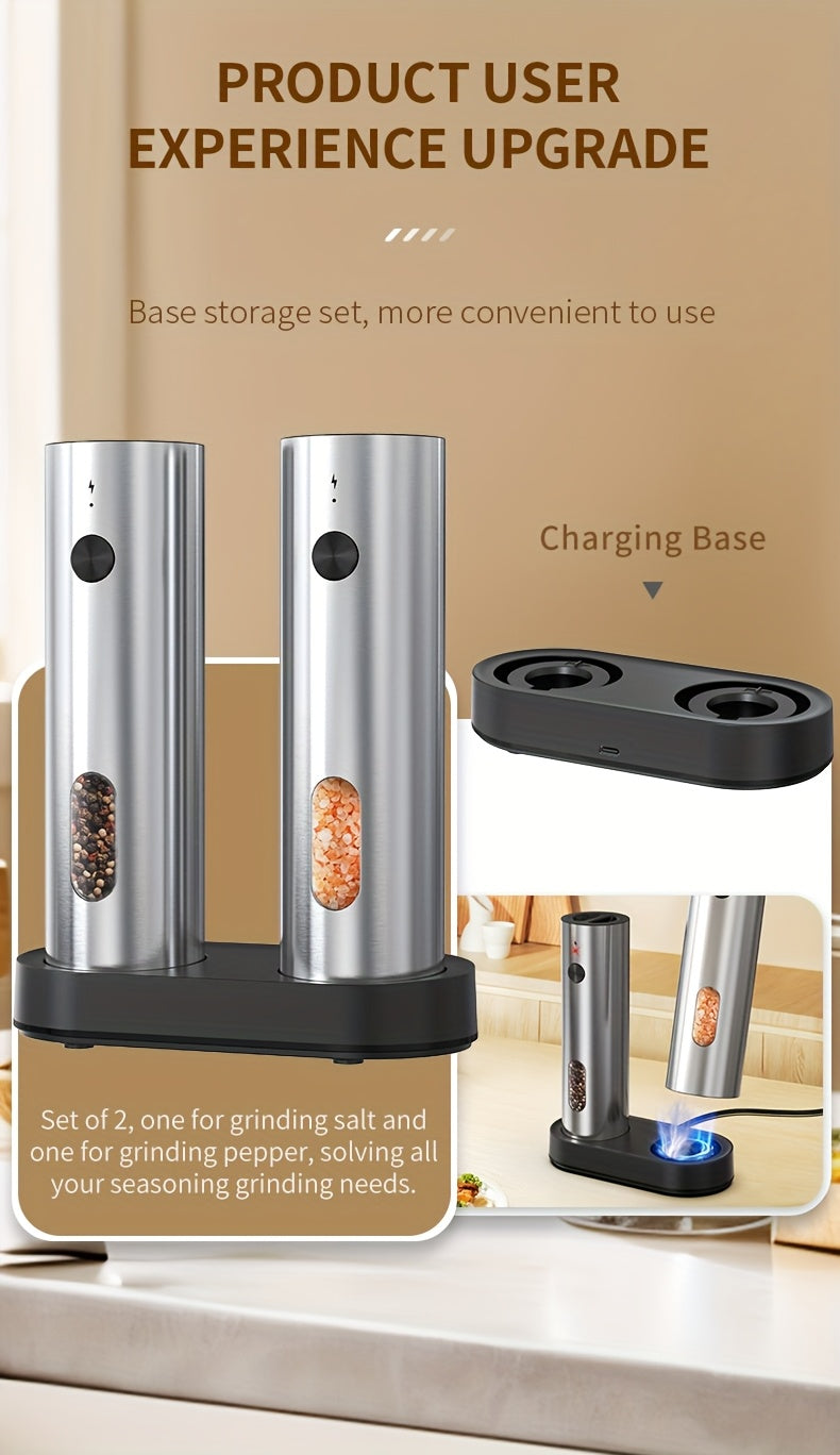 1 oder 2-teilige - Elektonische Salz/Pfeffermühle ,Edelstahl , USB-aufladbar (2er Set mit Aufladestation) , Licht