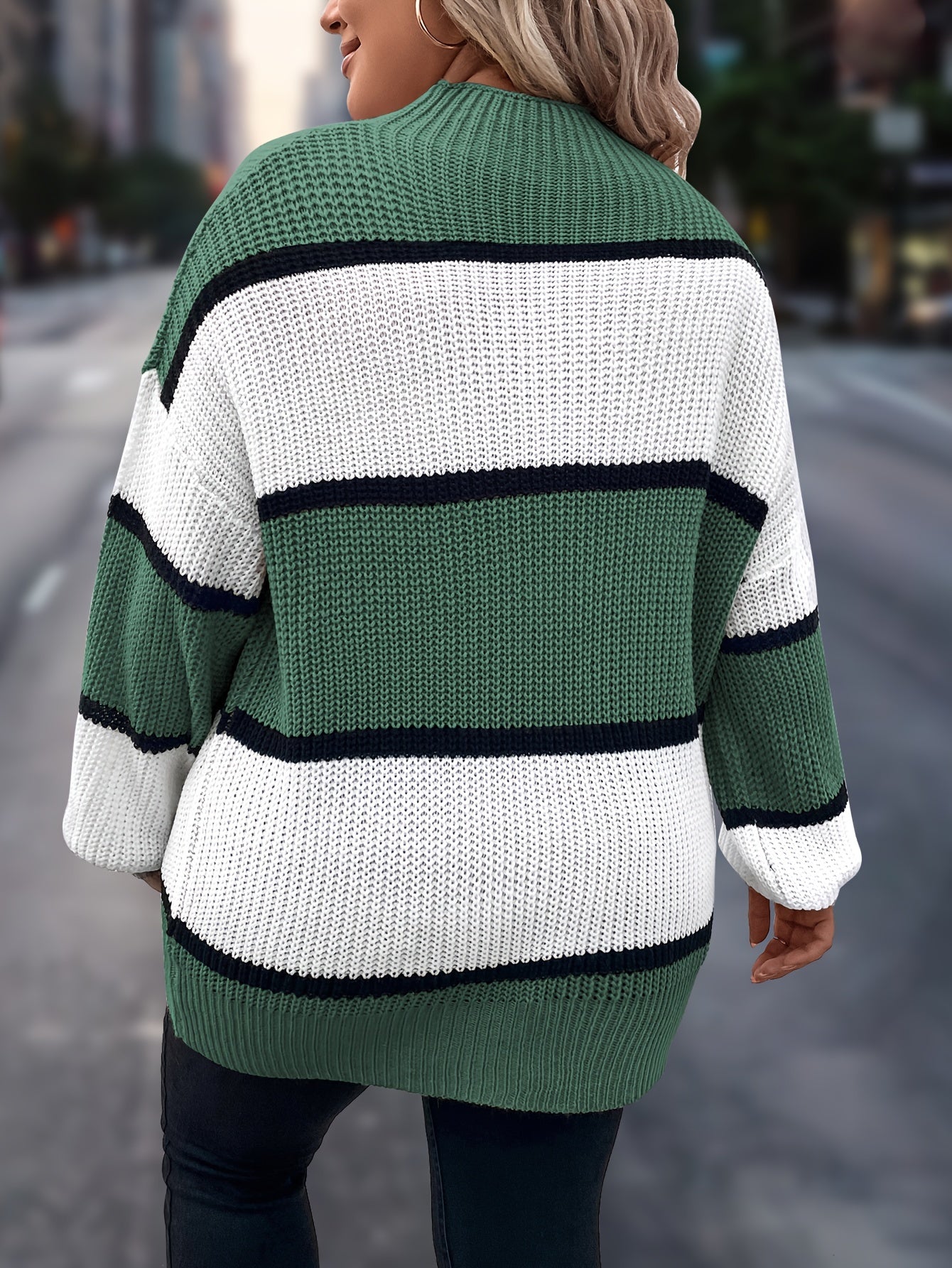 Übergröße, Neuer gestreifter Pullover für Damen Herbst/Winter, Farbblock-Lässig-Stil, Langarmshirt mit Rundhalsausschnitt