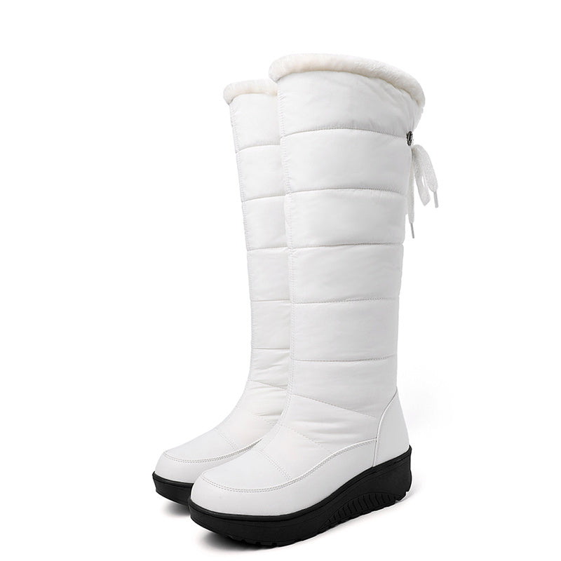 Wasserdichte rutschfeste Outdoor-Kniehohe Stiefel, warme Plüsch-Innensohle, flache Schnürung hinten, Sportsneaker, Damenschuhe