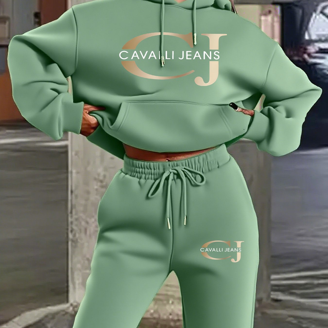 Kapuzen-Sweatshirt-Set mit goldenem CJ-Logo-Muster, Buchstabenprint, Rundhalsausschnitt
