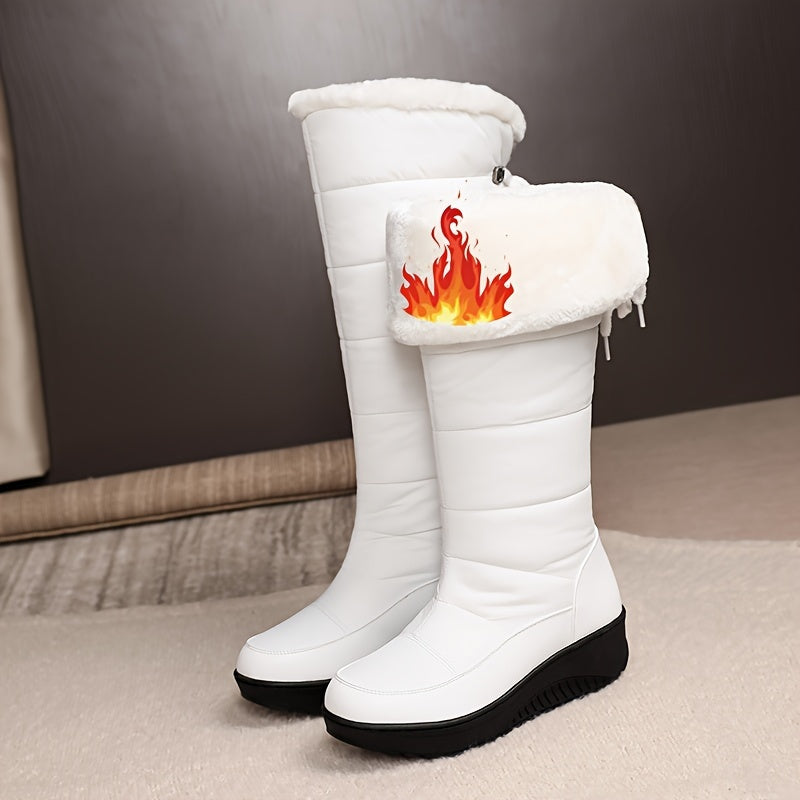 Wasserdichte rutschfeste Outdoor-Kniehohe Stiefel, warme Plüsch-Innensohle, flache Schnürung hinten, Sportsneaker, Damenschuhe