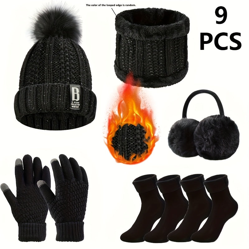 9-teiliges Winter-Warm-Up-Set für Weihnachts-Outdoorsport: Warme Mütze, Halswärmer, Touchscreen-Handschuhe, Thermo-Hand- und Fußschutz, weiche Ohrenschützer & Bodensocken