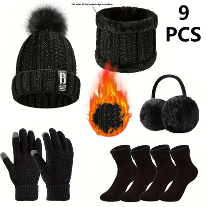 9-teiliges Winter-Warm-Up-Set für Weihnachts-Outdoorsport: Warme Mütze, Halswärmer, Touchscreen-Handschuhe, Thermo-Hand- und Fußschutz, weiche Ohrenschützer & Bodensocken